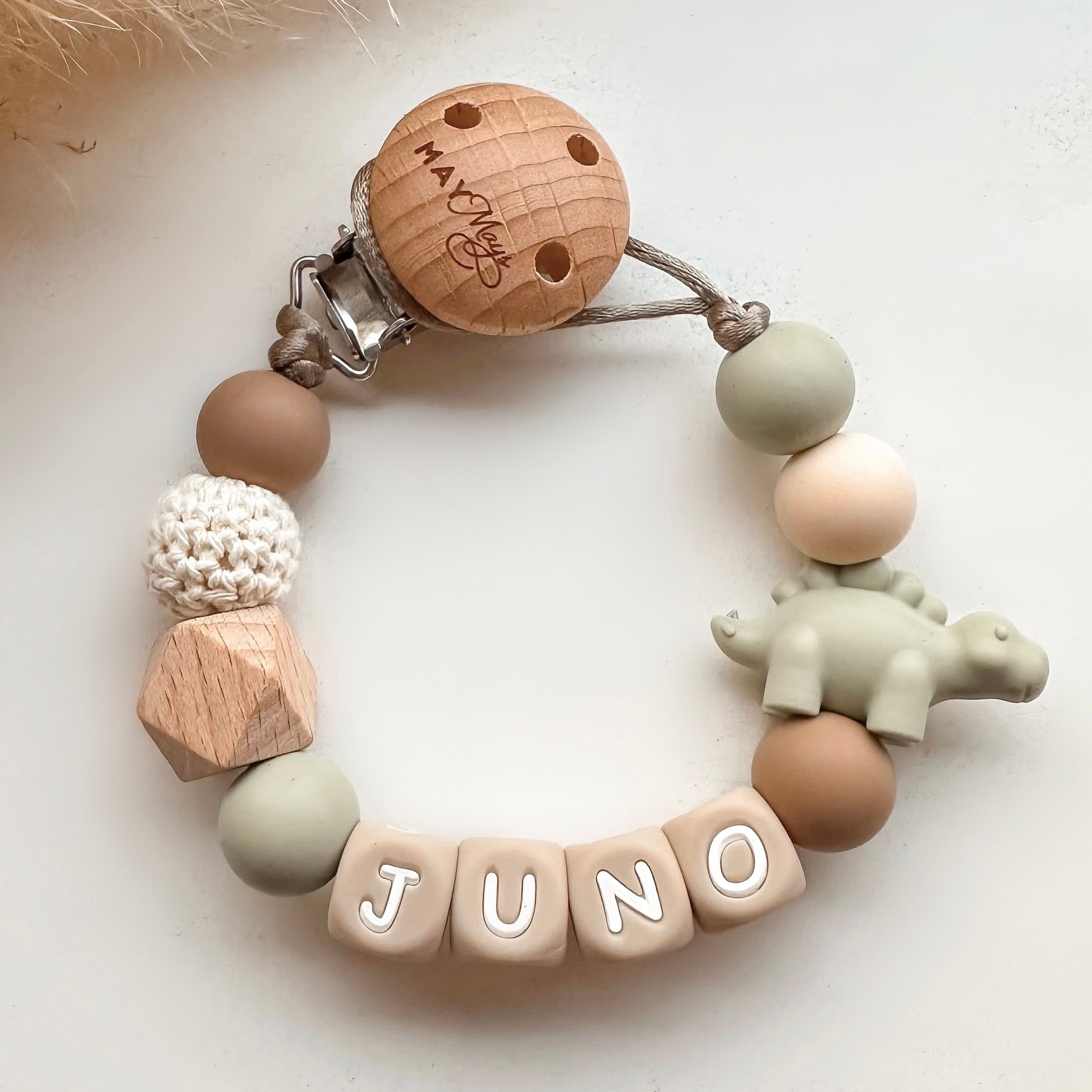 Speenkoord met naam dino groen bruin