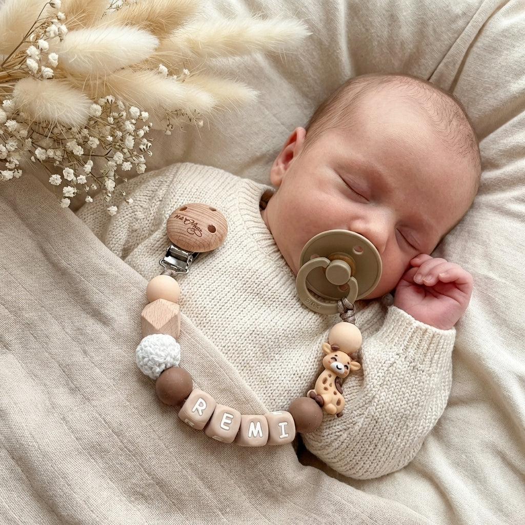 Speenkoord met naam giraf naturel bruin - May Mays