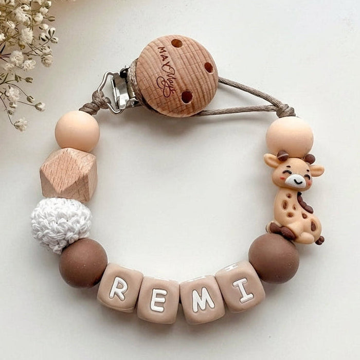 Speenkoord met naam giraf naturel bruin