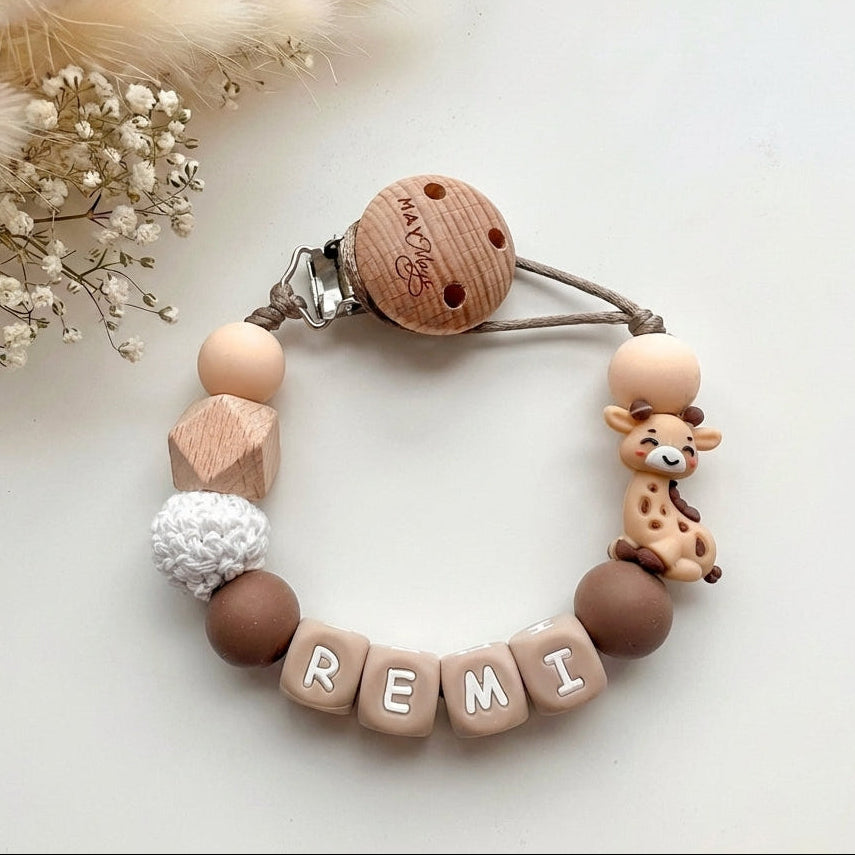 Speenkoord met naam giraf naturel bruin