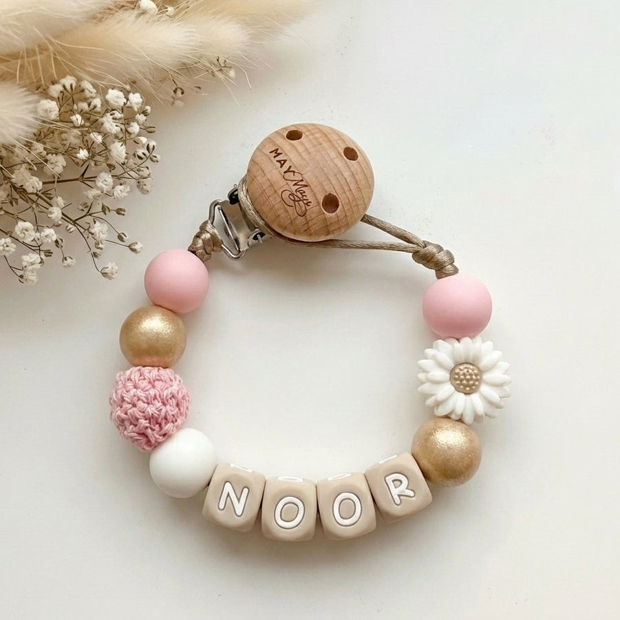 Speenkoord met naam goud roze bloem