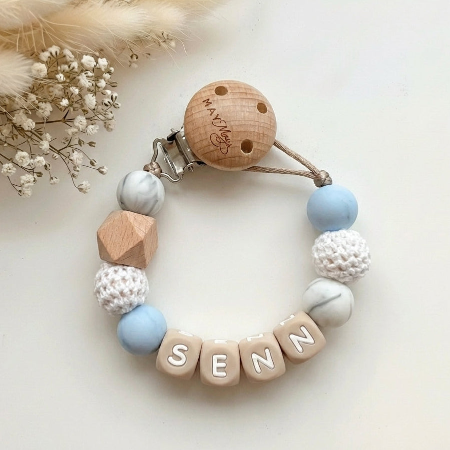 Speenkoord met naam marmer blauw