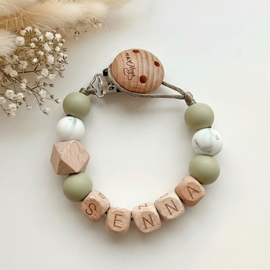 Speenkoord met naam marmer groen hout