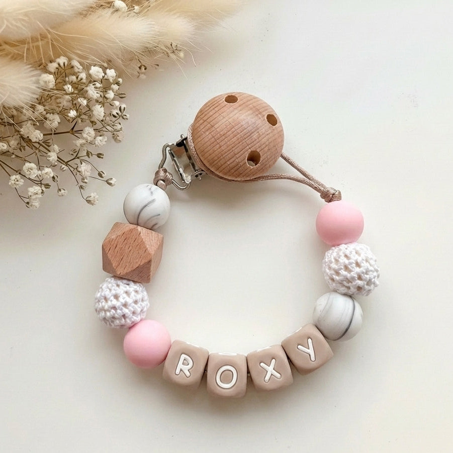 Speenkoord met naam marmer roze