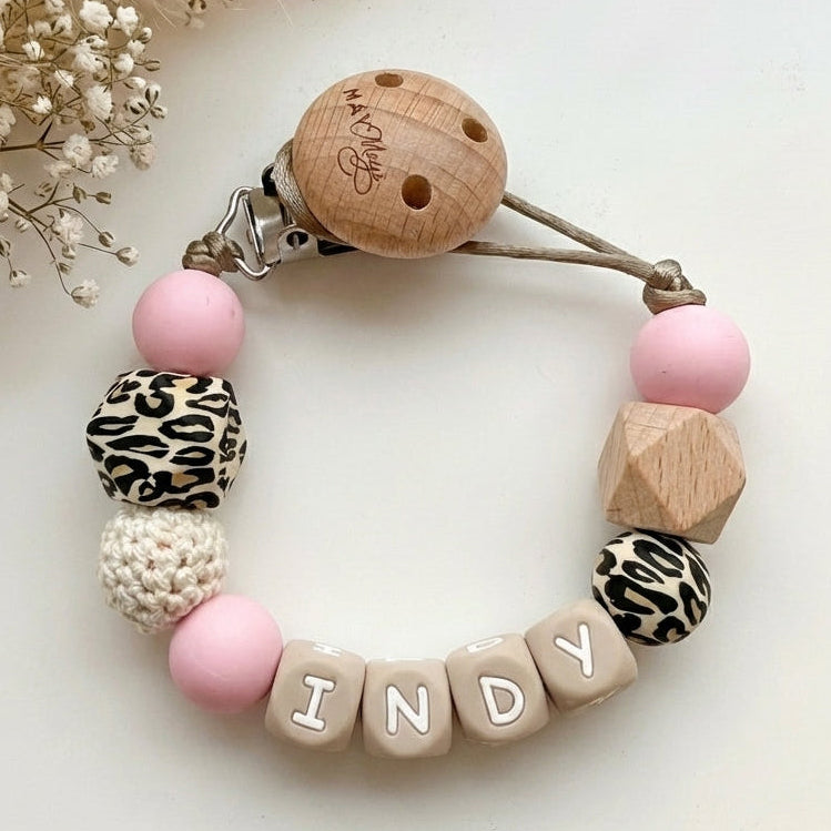Speenkoord met naam panter roze