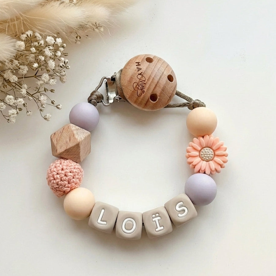 Speenkoord met naam pastel bloem