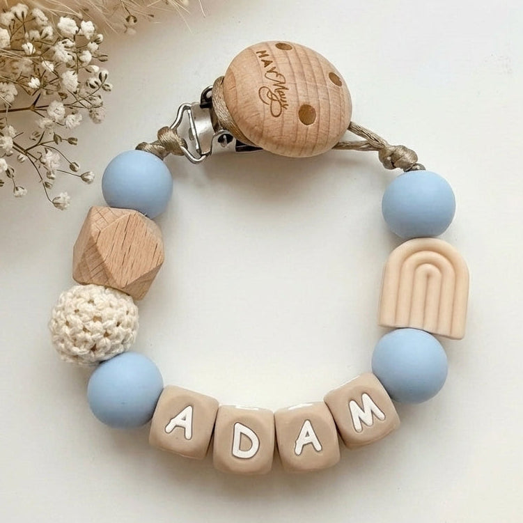 Speenkoord met naam regenboog beige blauw
