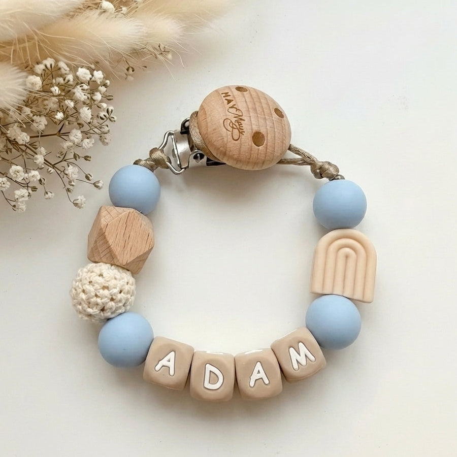 Speenkoord met naam regenboog beige blauw