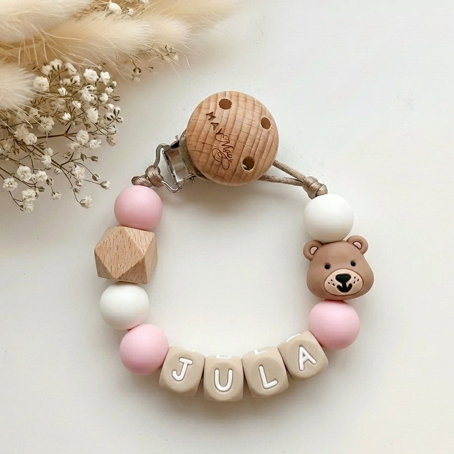 Speenkoord met naam roze beertje