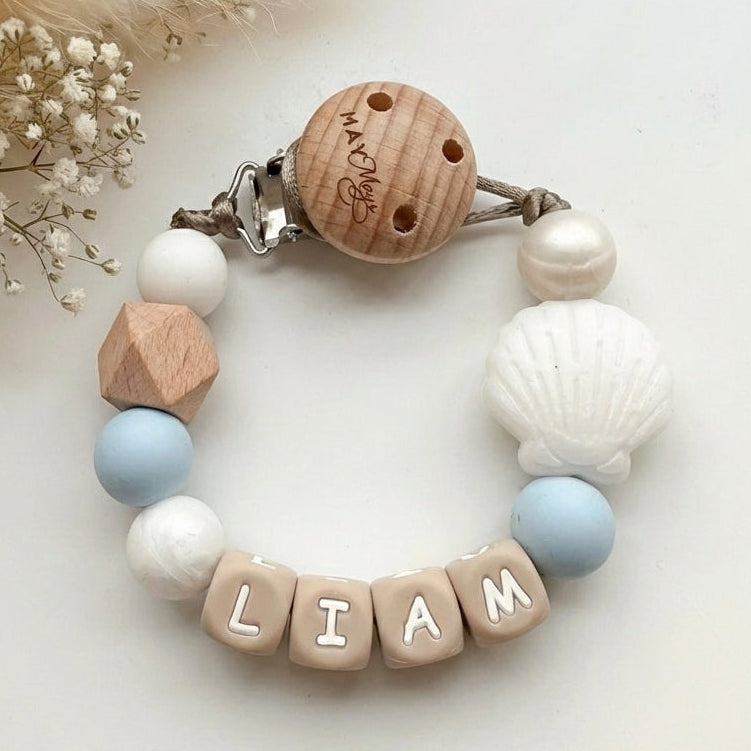 Speenkoord met naam schelp blauw