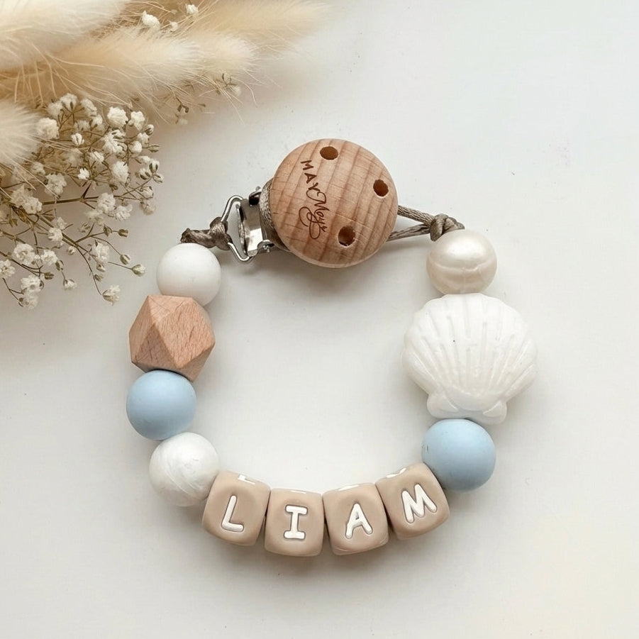 Speenkoord met naam schelp blauw