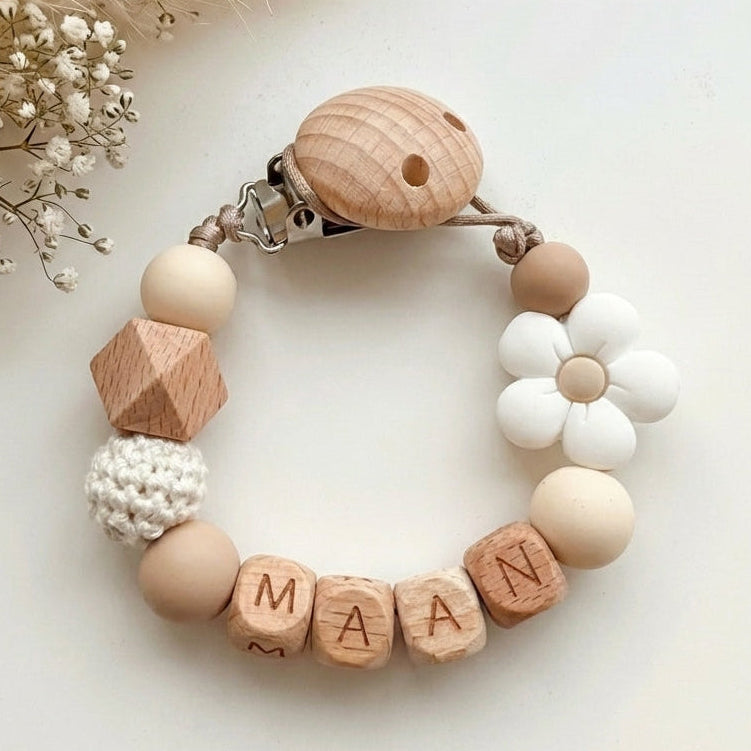 Speenkoord met naam wit bloem hout