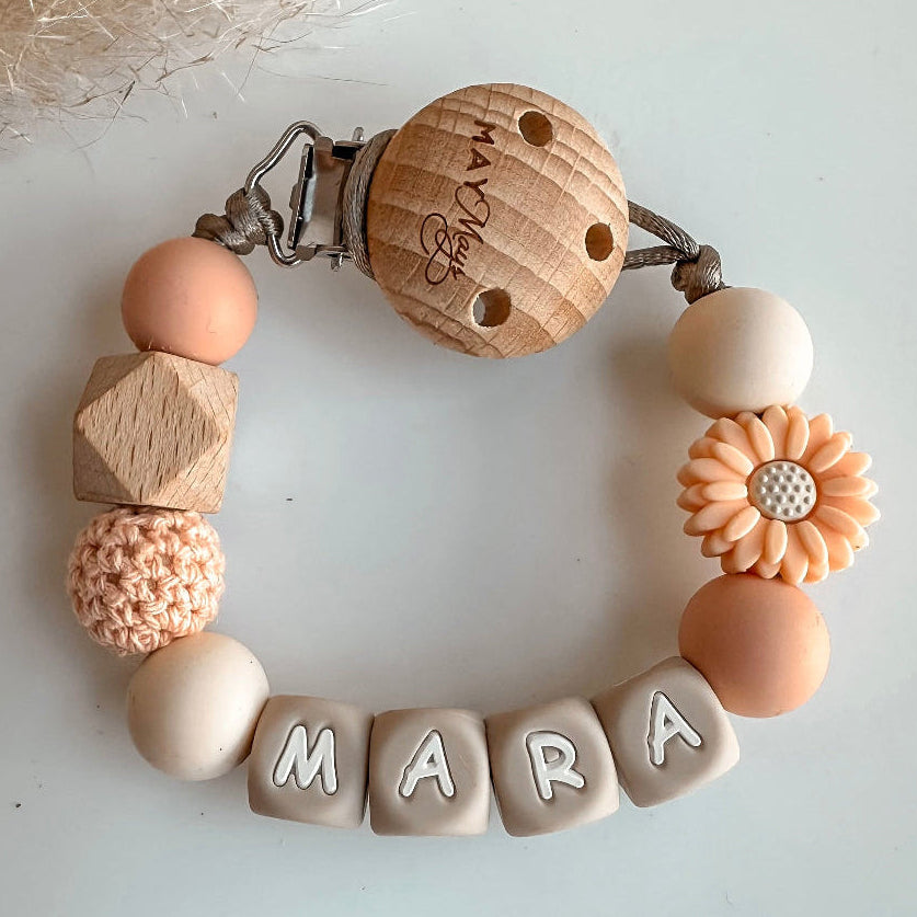 Speenkoord met naam zalm beige bloemetje hout