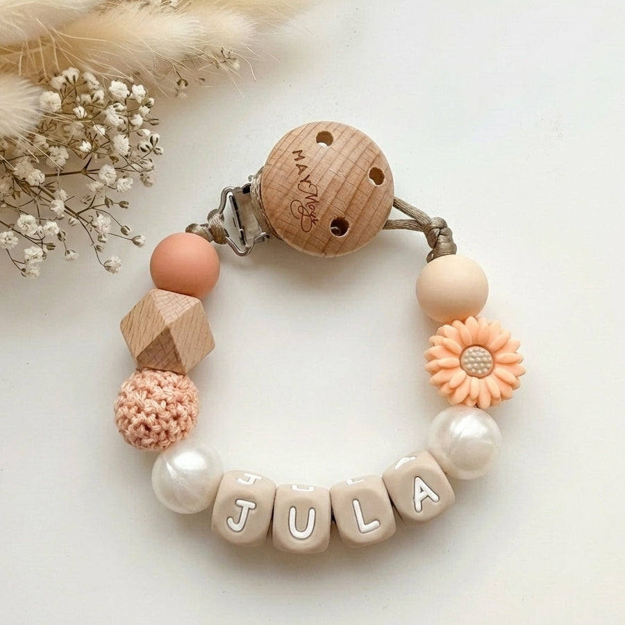 Speenkoord met naam zalmroze parel bloem