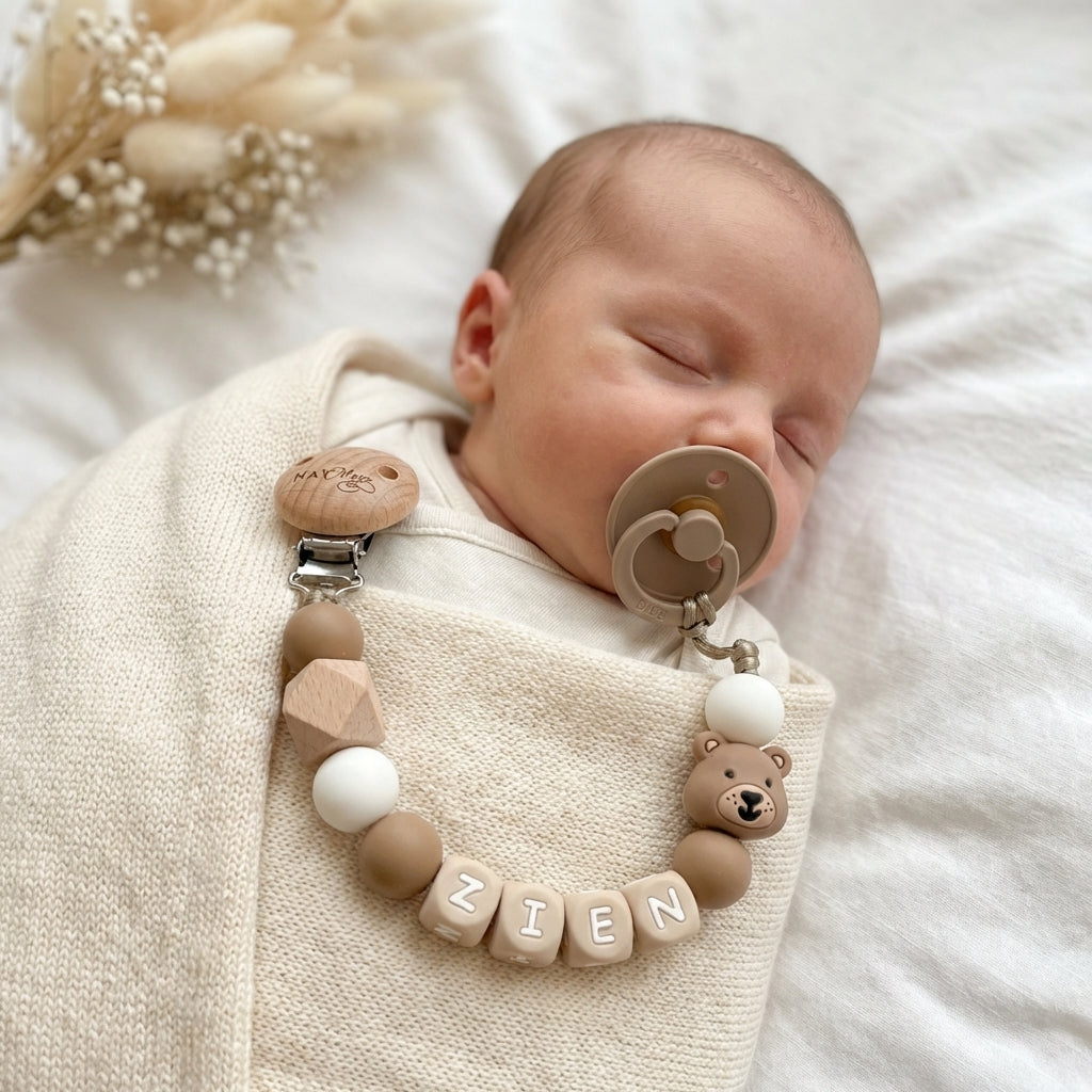 Speenkoord met naam beer bruin wit