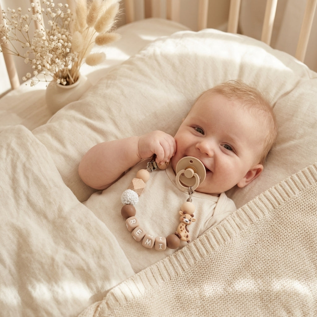 Speenkoord met naam giraf naturel bruin