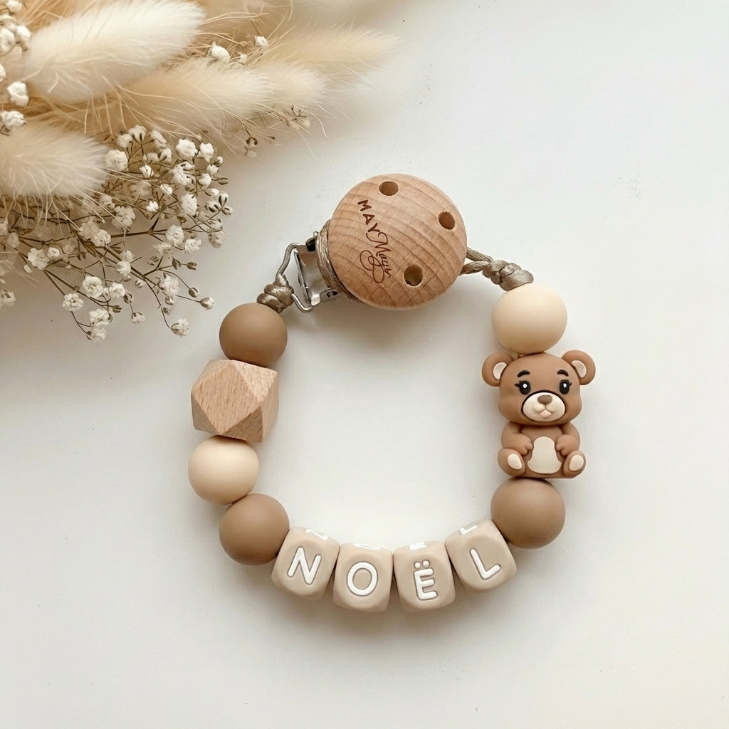 Cordon de tétine avec nom ours en bois naturel