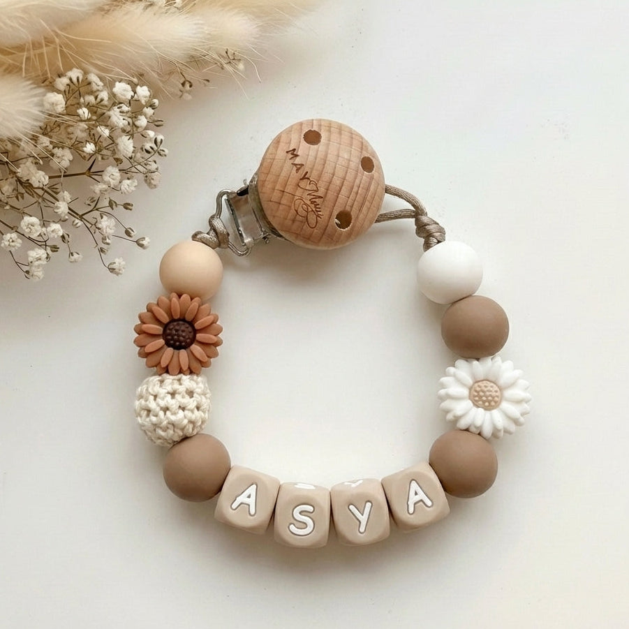 Speenkoord met naam bloem bruin wit