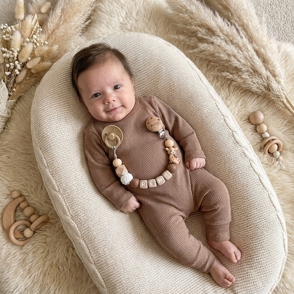 Speenkoord met naam giraf naturel bruin