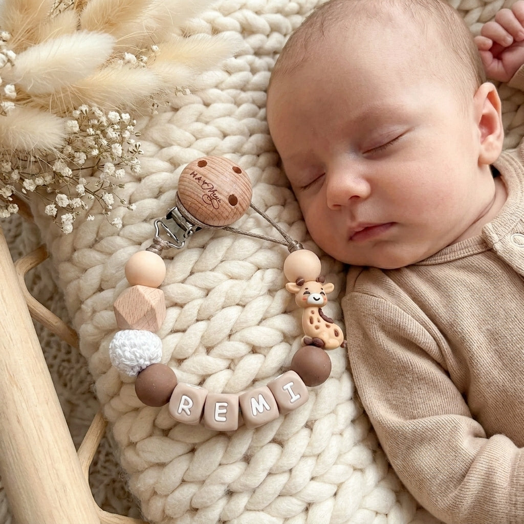 Speenkoord met naam giraf naturel bruin - May Mays