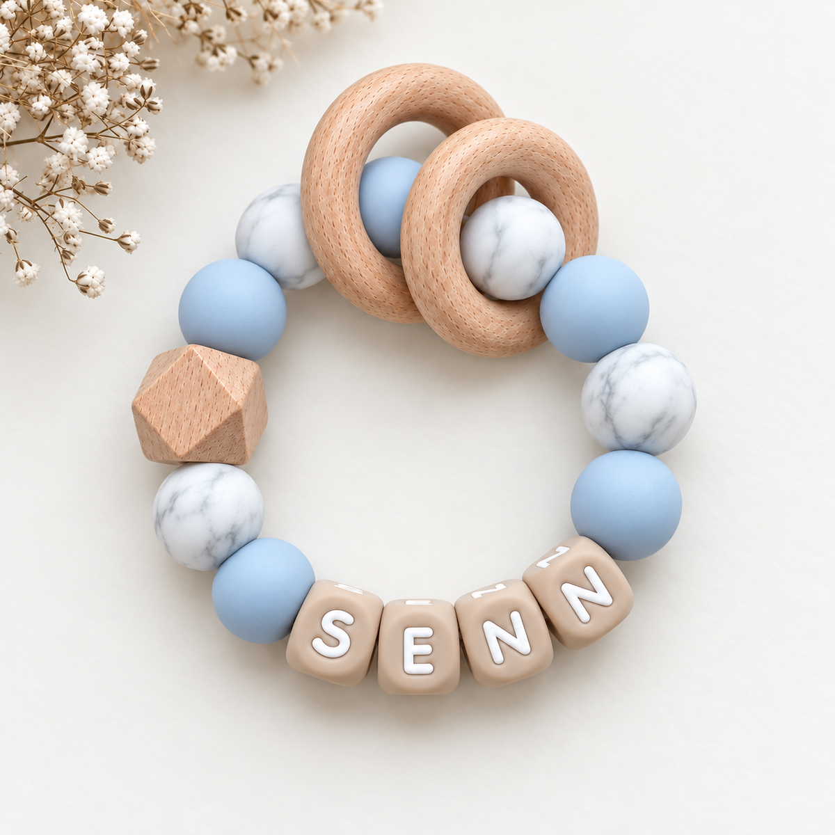 Pacifier clip with name, blue marble