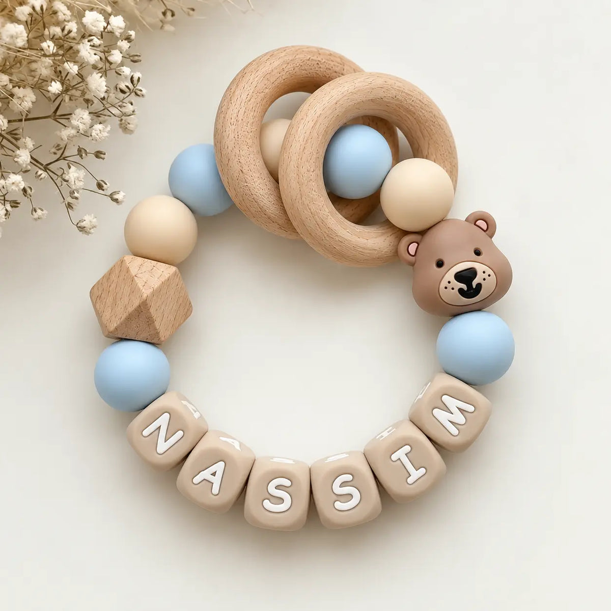 Personalized blue bear teething ring