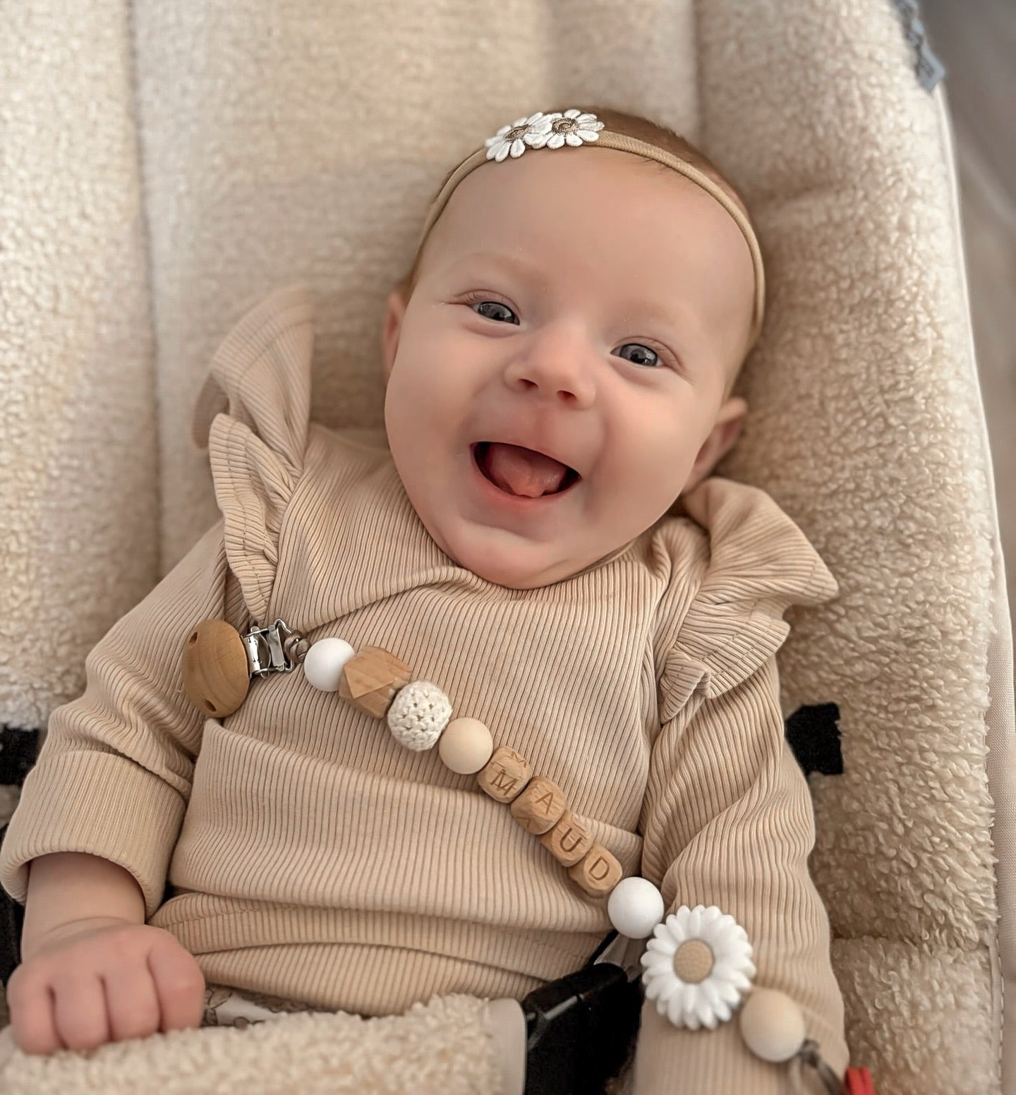 Speenkoord met naam bloem wit naturel