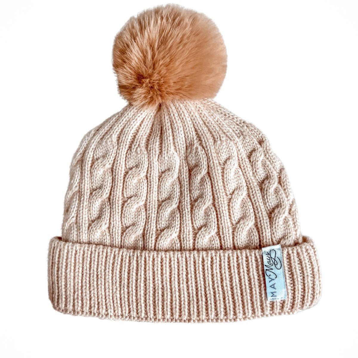 Wintermutje gebreid 1 pompom beige 0-2 jaar