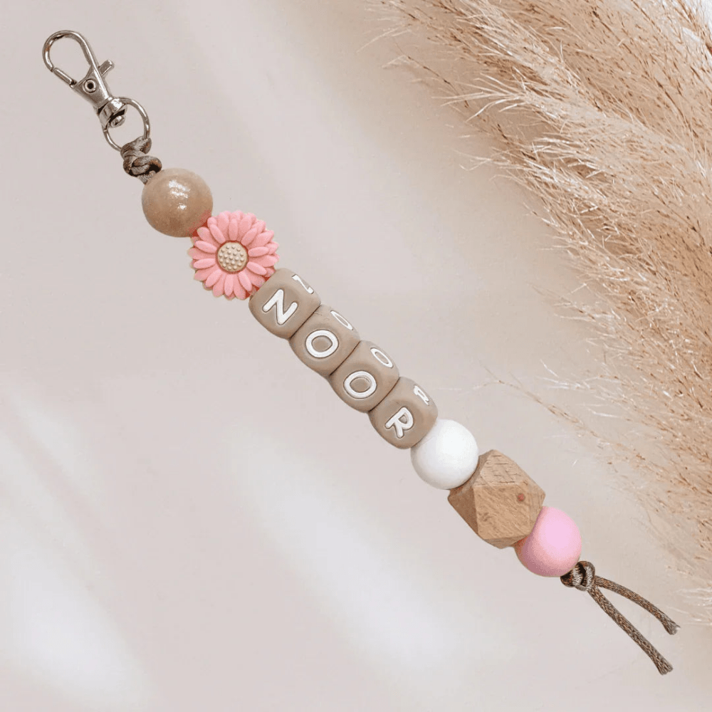 Sleutelhanger met naam goud roze bloem - May Mays