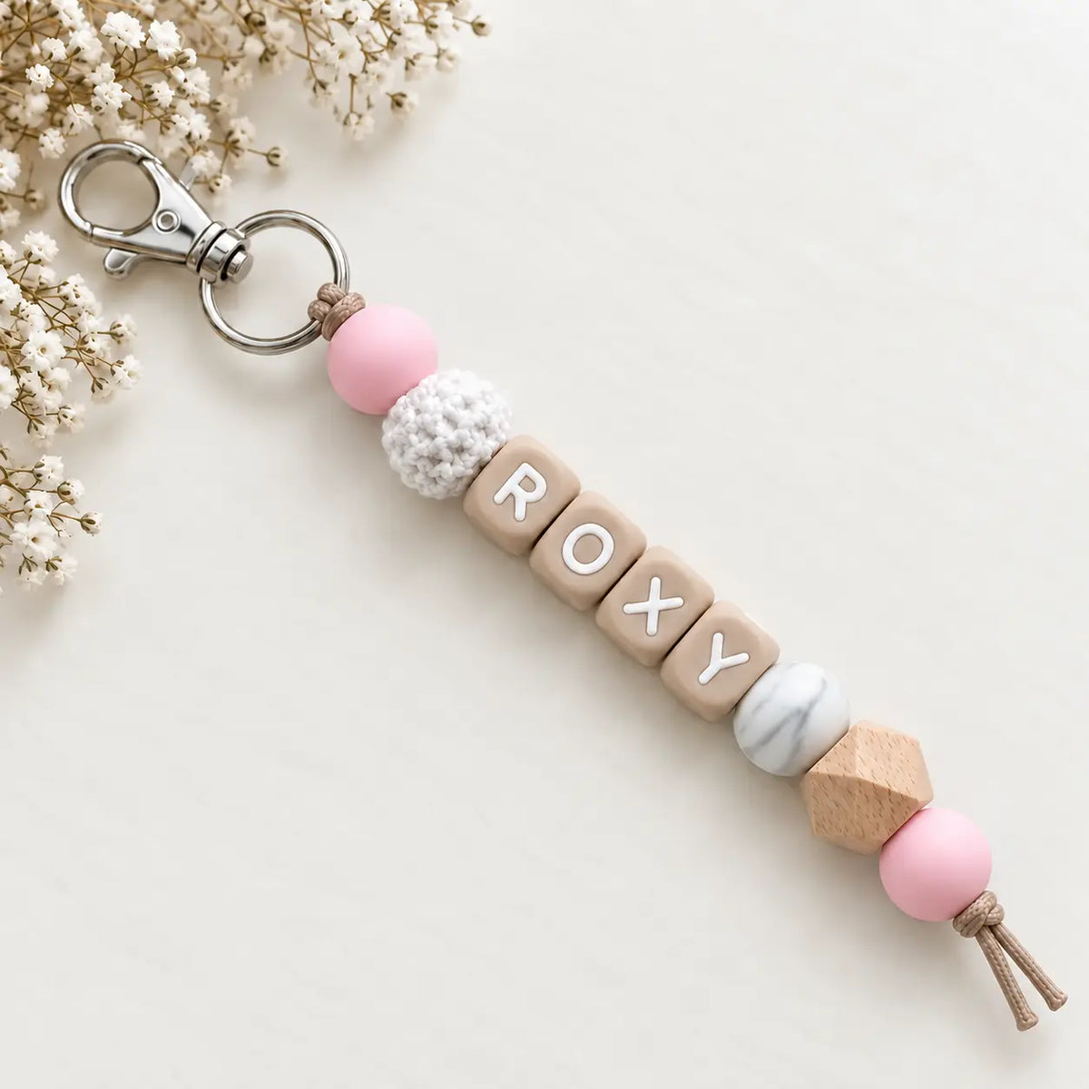 Sleutelhanger met naam marmer roze