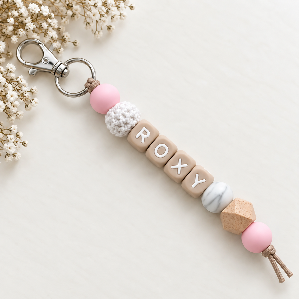 Sleutelhanger met naam marmer roze