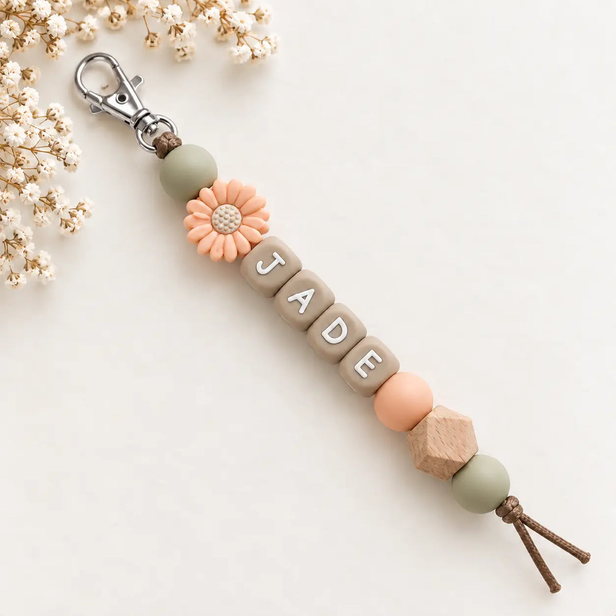 Sleutelhanger met naam bloem groen peach