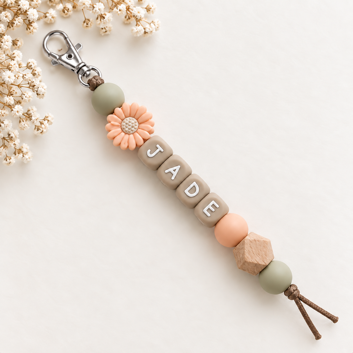 Pacifier clip with name flower peach green