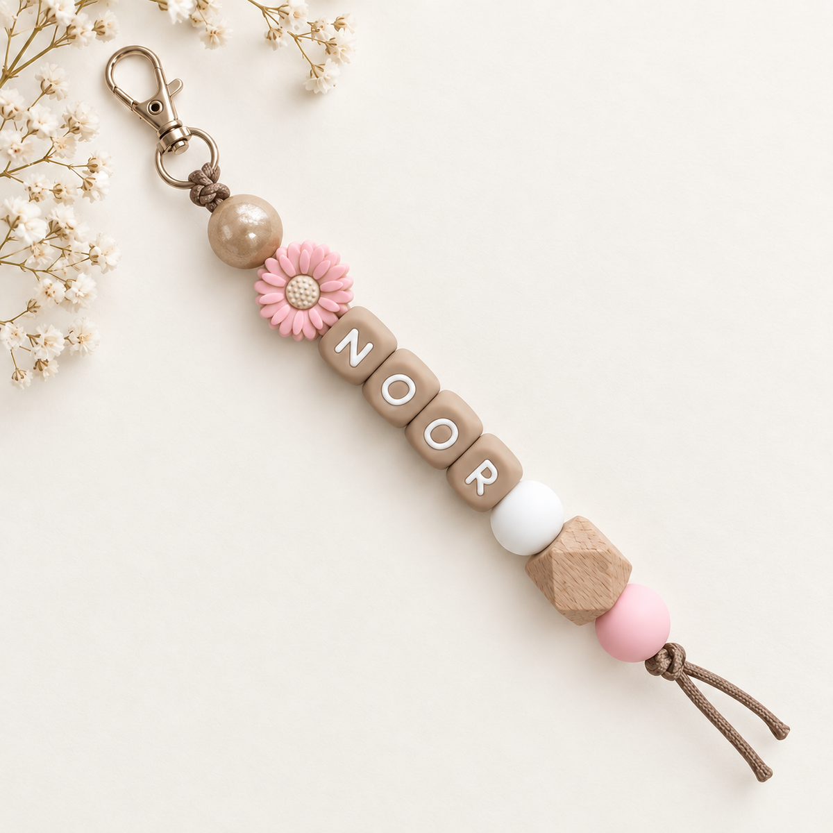 Keychain with name gold pink flower