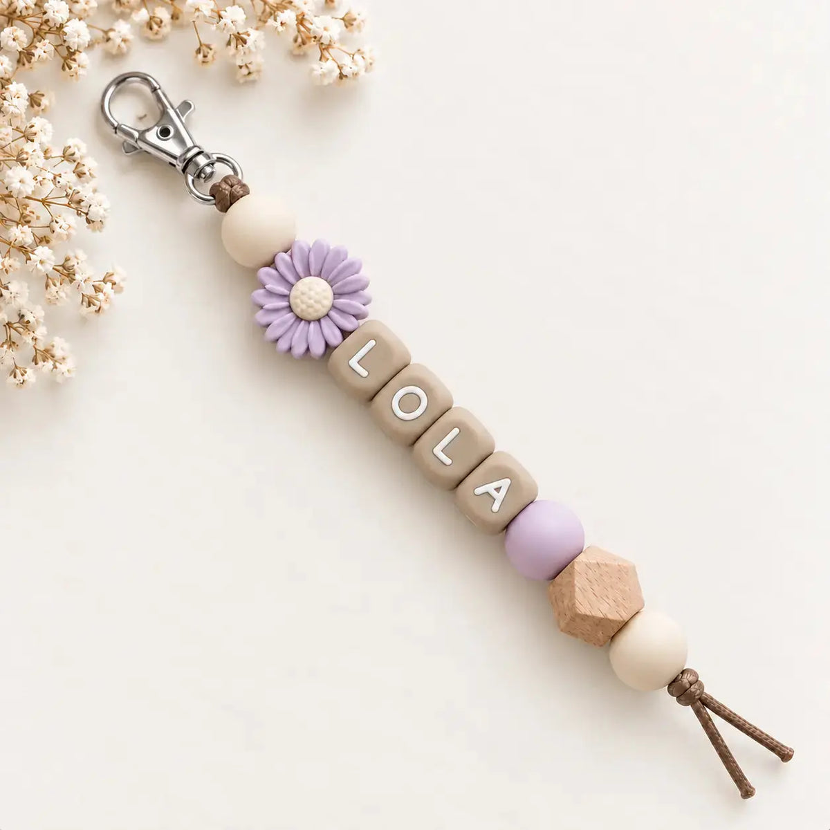 Pacifier clip with name, lilac flower