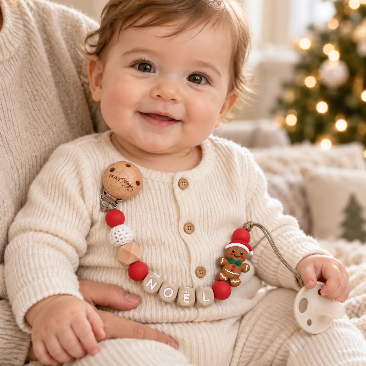 Speenkoord met naam – kerstkoekje rood