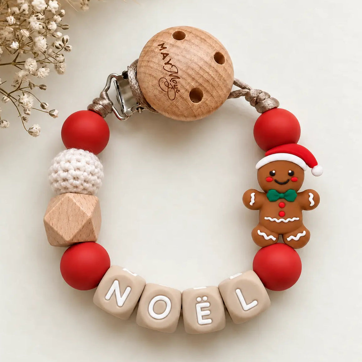 Attache-sucette avec prénom – biscuit de Noël rouge