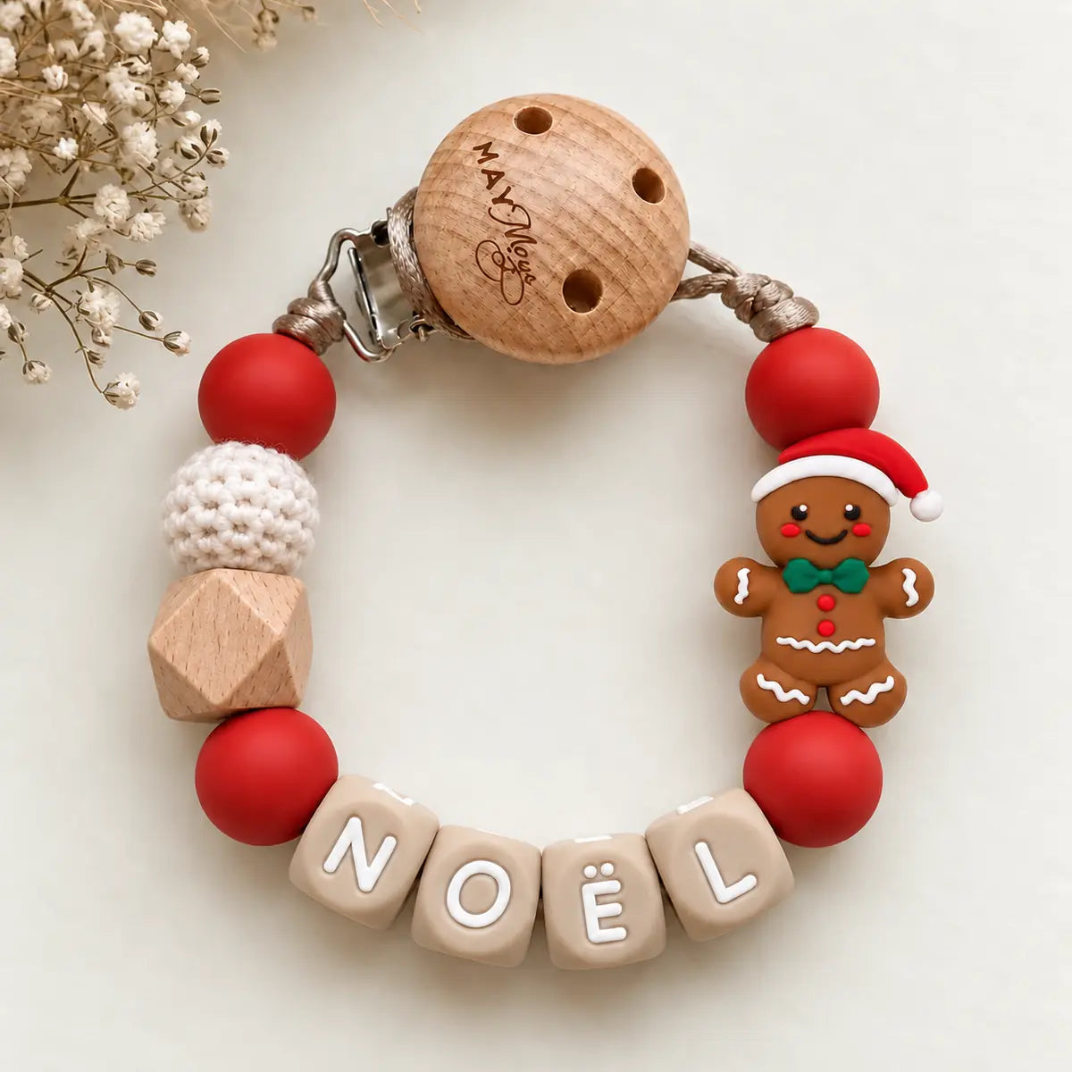 Speenkoord met naam – kerstkoekje rood