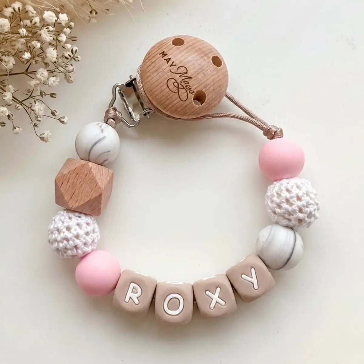 Name pacifier clip pink marble