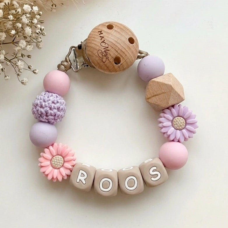 Speenkoord met naam bloem lila en roze - May Mays