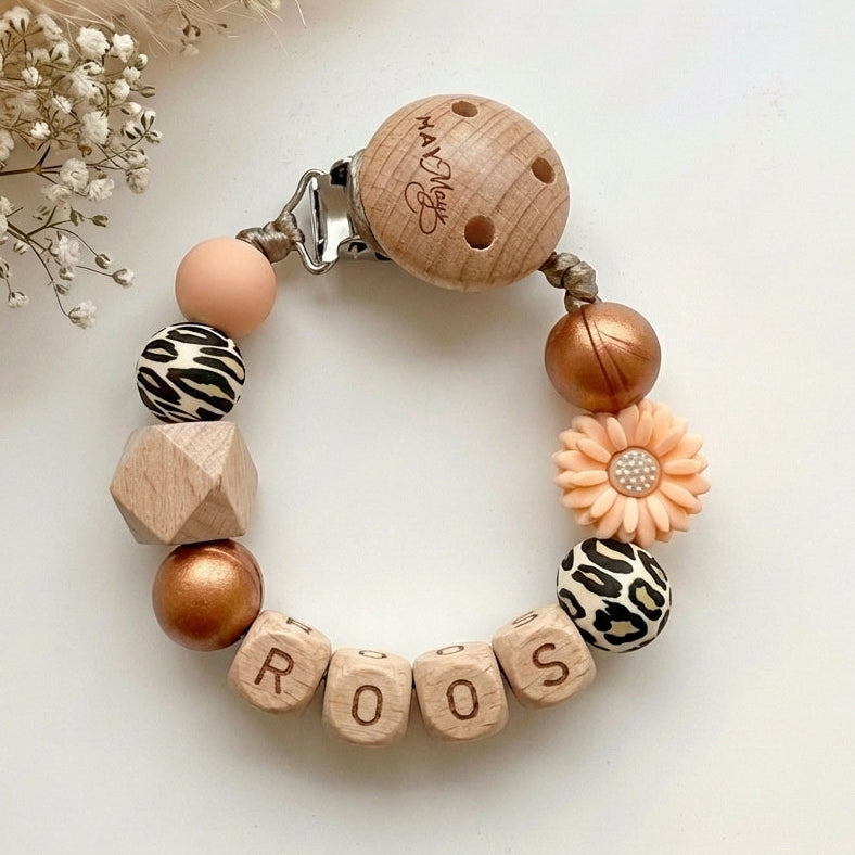 Speenkoord met naam brons leopard bloem hout - May Mays