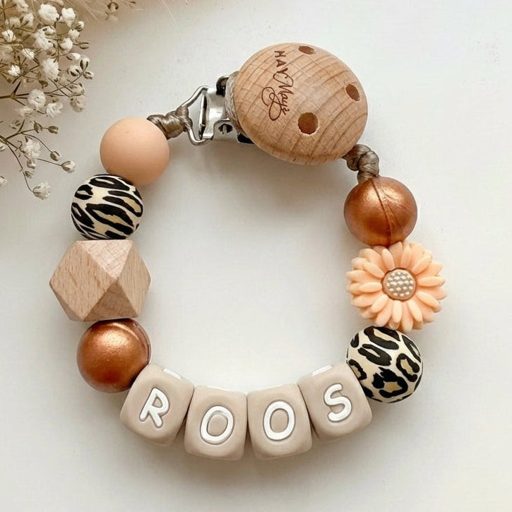Speenkoord met naam brons leopard bloem - May Mays