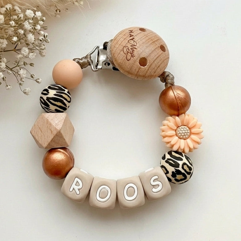 Speenkoord met naam brons leopard bloem hout - May Mays