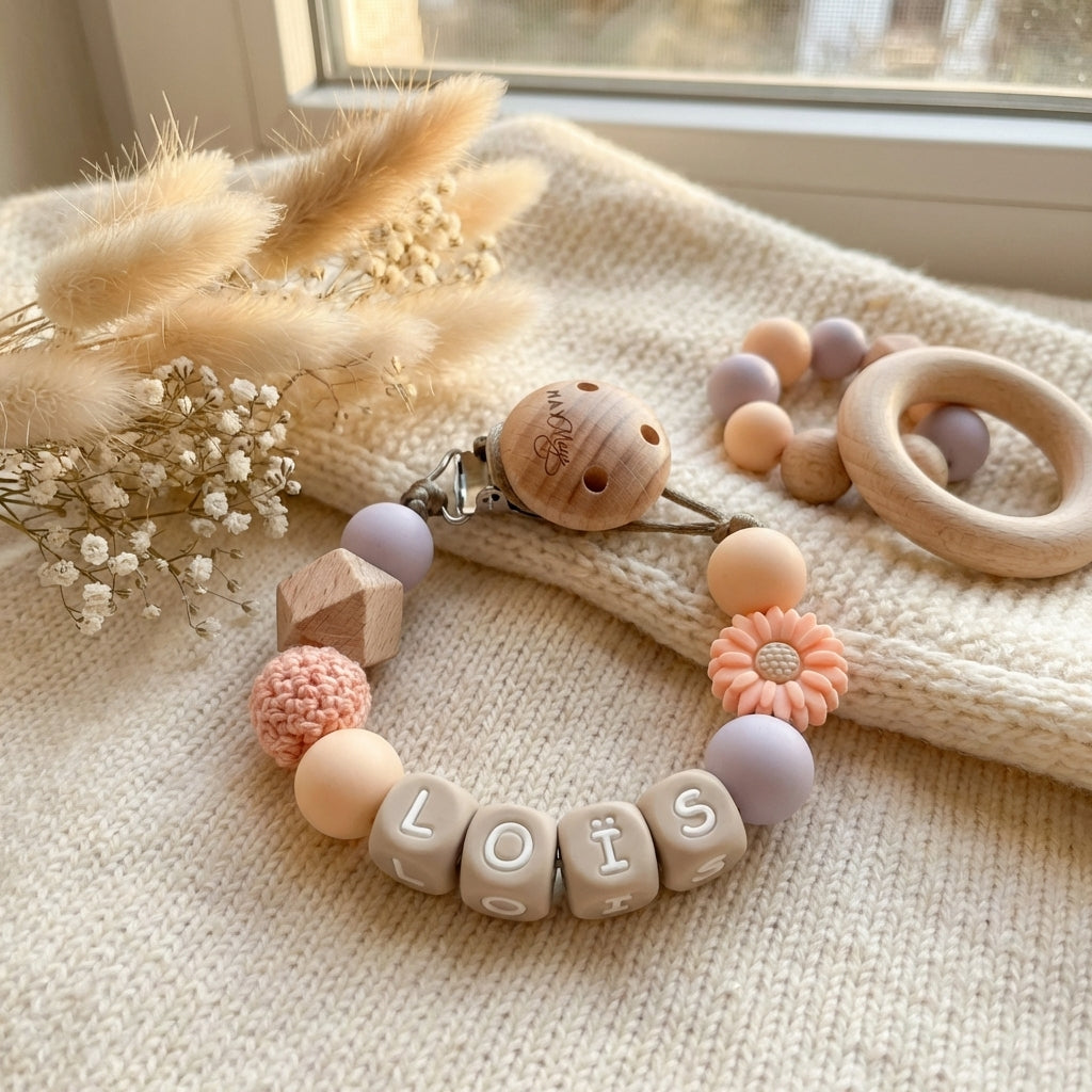 Speenkoord met naam pastel bloem - May Mays