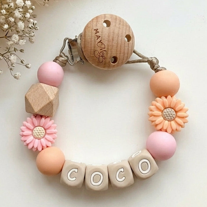 Speenkoord met naam peach en roze bloem - May Mays