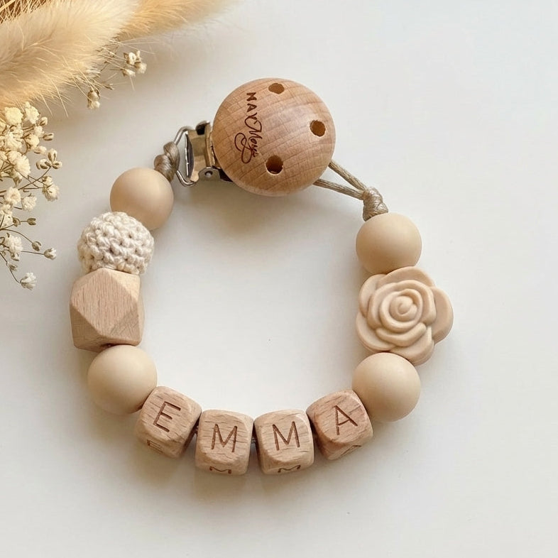 Speenkoord met naam roosje beige - May Mays