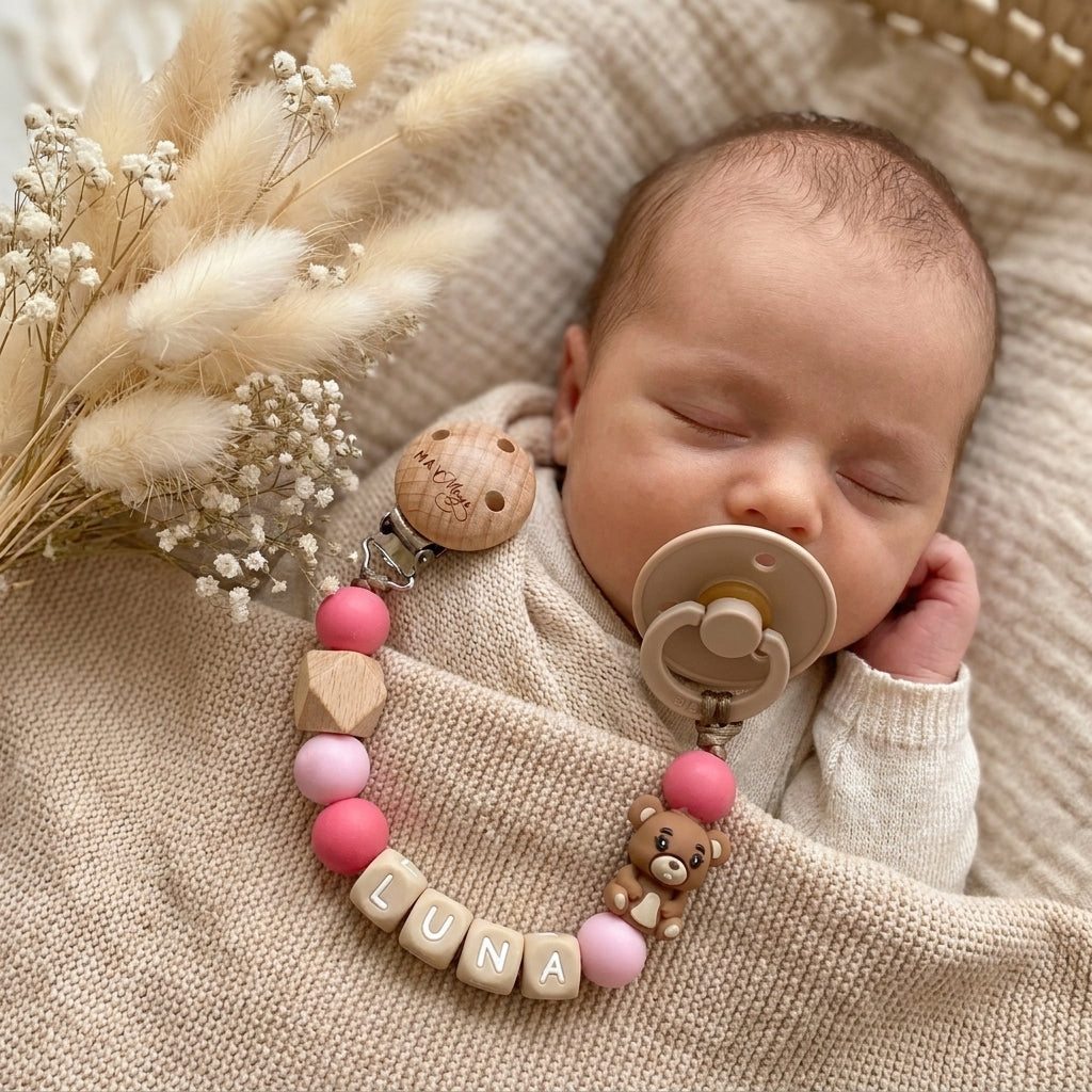 Speenkoord met naam roze beer - May Mays