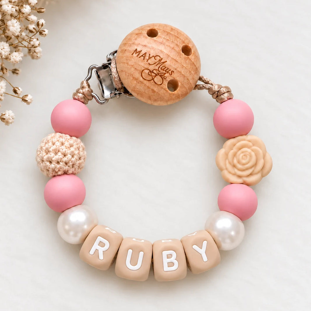 Cordón para chupete con nombre, rosa, perla rosa