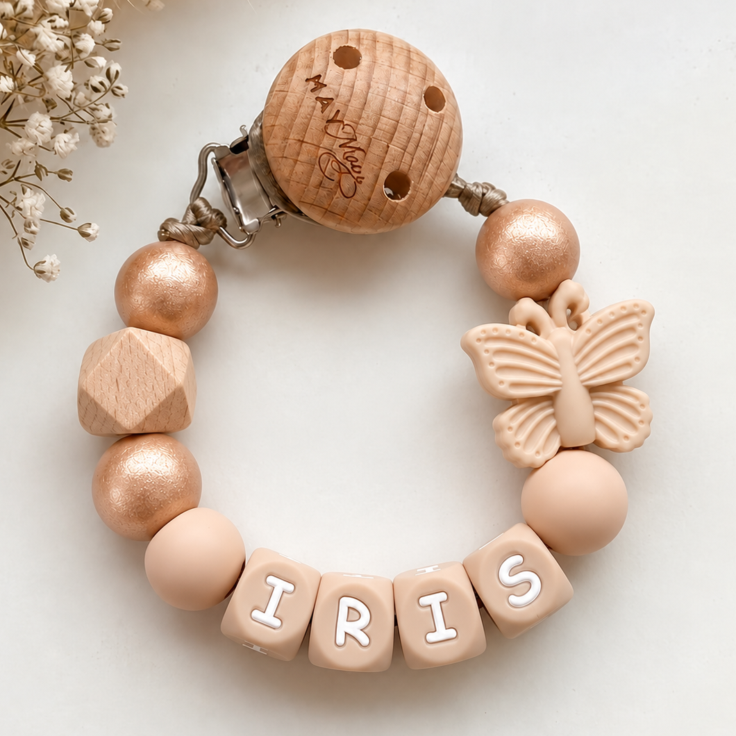 Pacifier Clip with Name Butterfly Gold Natural